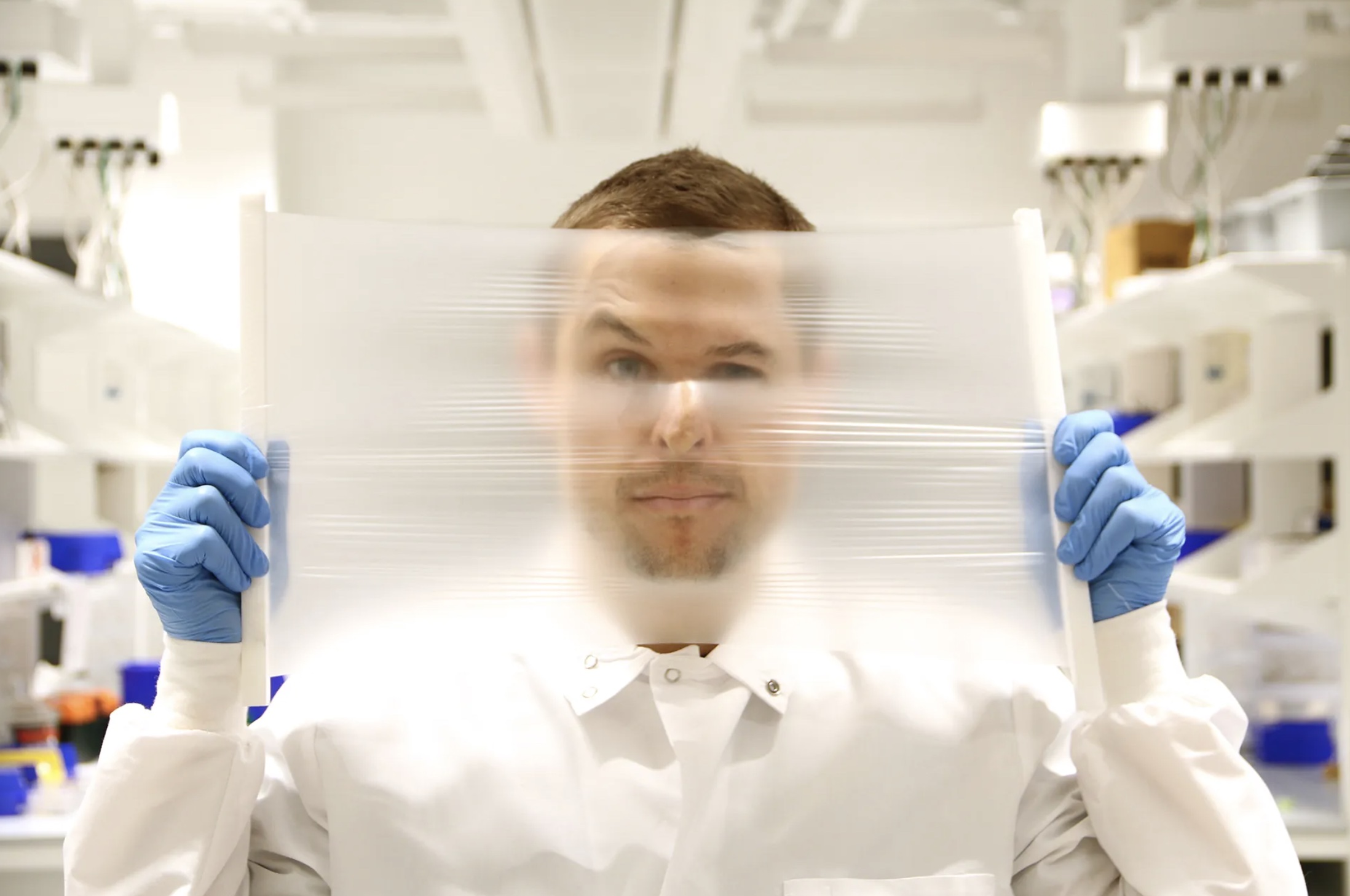Researcher Peteris Lazovskis holds a Trellis Air membrane.