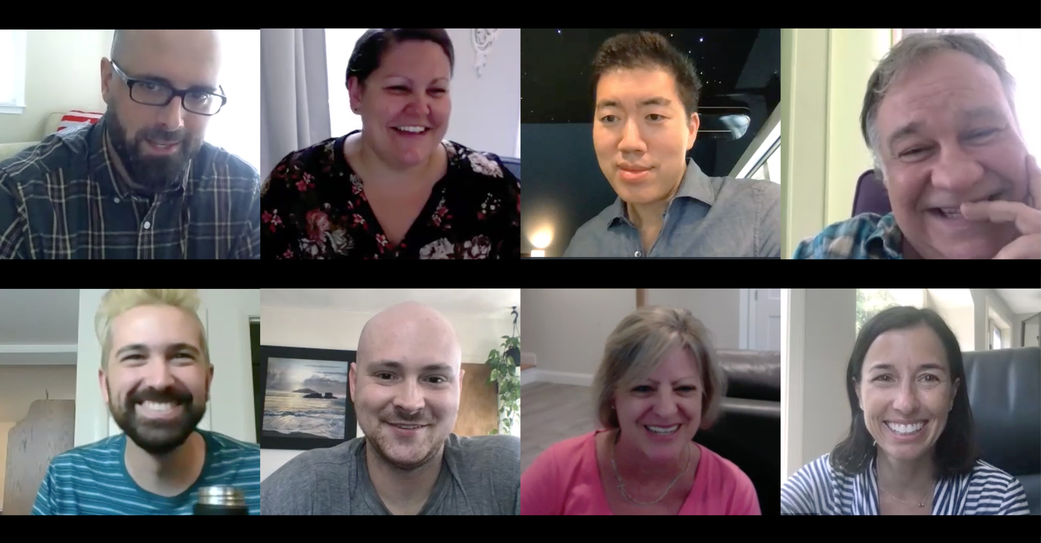 Eight screenshots of different people who joined the CCB virtual toast