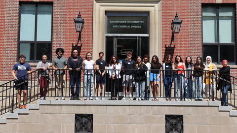 Watertown High School students visiting CCB, posing in front of the CCB building.
