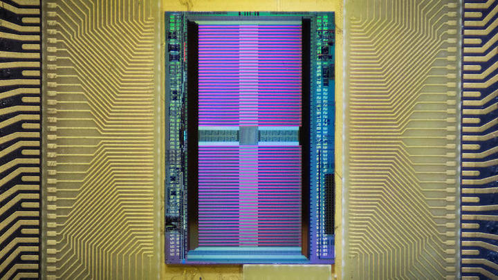 The electronic chip uses the same fabrication technology as computer microprocessors