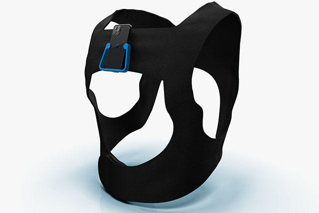 A rendering of what the wearable navigation aid might look like: A black strap for the upper body