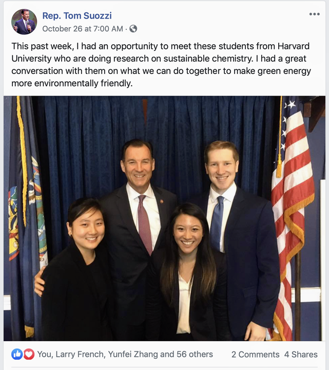 Rep. Tom Suozzi posts on Facebook his meeting with Harvard University students about sustainable chemistry. In the photo, he poses for a photo with three students.