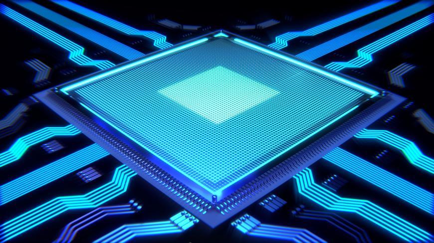 An image of a bright blue computer chip