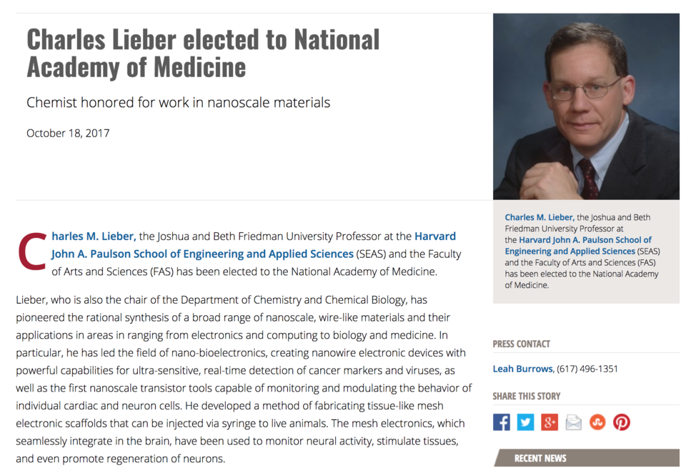 Charles M. Lieber Elected into the National Academy of Medicine
